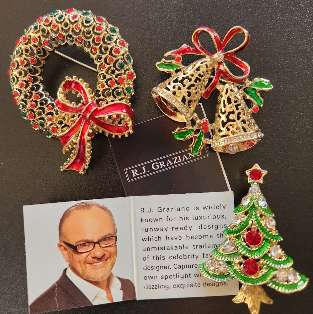 R.J. Graziano "Get Gifty" Set of 3 Crystal Accented & Enamel Christmas Brooches